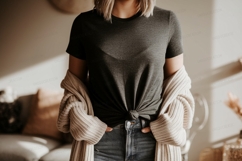 Dark gray t shirt tied at waist with cardigan image Product Image 1