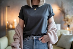 Woman wearing dark t shirt and pink cardigan t-shirt Product Image 1