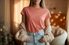 Coral t shirt light wash denim jeans knit cardigan Product Image 1