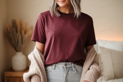 Maroon t shirt light wash jeans cozy cardigan image Product Image 1