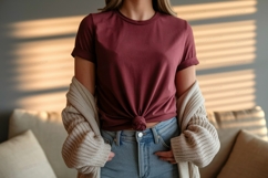 Maroon t shirt tied knot denim jeans cardigan image Product Image 1