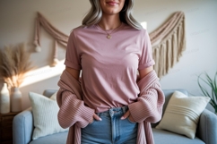 Woman wearing pink t shirt and cardigan t-shirt jeans Product Image 1