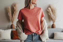 Coral tee and denim jeans mockup woman Product Image 1