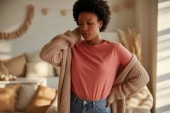 Woman wearing coral t shirt and beige cardigan image Product Image 1