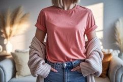 Coral t shirt with rolled sleeves and denim image Product Image 1