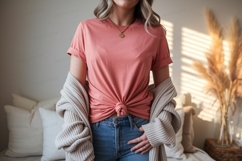 Coral tee knotted with cardigan and jeans mockup apparel Product Image 1