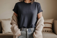 Dark blue t shirt and beige cardigan mockup Product Image 1