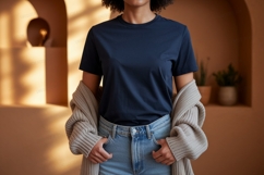Navy shirt light jeans cardigan image Product Image 1