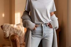 Grey t shirt light blue jeans cardigan mockup image Product Image 1