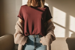 Maroon TShirt Denim Jeans Cardigan image Product Image 1