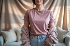 Woman wearing pink t shirt and cardigan image Product Image 1