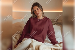 Woman In Maroon Tshirt Mockup On Bed Product Image 1