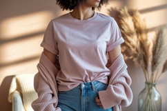 Pink shirt blue jeans casual outfit woman Product Image 1