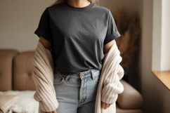 Woman wearing dark grey t shirt and light blue jeans Product Image 1
