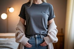 Grey t shirt mockup with cardigan and jeans Product Image 1