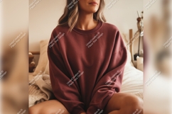 Woman Wearing Maroon Sweatshirt Tshirt Mockup Product Image 1