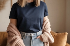 Navy tee light knit cardigan denim jeans image Product Image 1