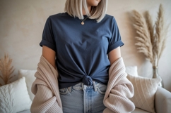 Navy t shirt with tied knot and beige cardigan image Product Image 1