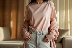 Pink shirt light denim jeans cardigan image Product Image 1
