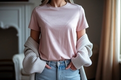 Pink shirt light wash denim casual outfit Product Image 1