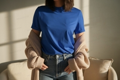 Blue shirt beige cardigan denim jeans image Product Image 1
