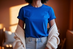 Woman wearing blue t shirt and cardigan image Product Image 1