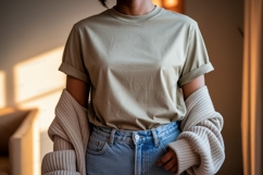 Sage green t shirt and denim jeans image Product Image 1