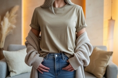 Casual beige t shirt mockup with cardigan image Product Image 1