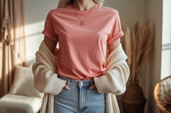 Peach t shirt cream cardigan light jeans tshirt Product Image 1
