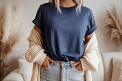 Blue t shirt and cream cardigan mockup image Product Image 1