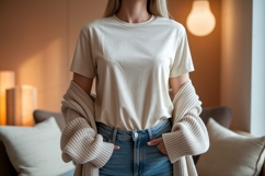 Cream shirt blue jeans cardigan mockup image Product Image 1
