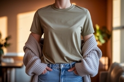 Olive green t shirt mockup with cardigan image Product Image 1