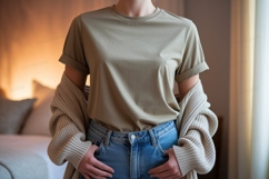Casual outfit mockup with cardigan and jeans clothing Product Image 1