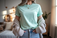 Mint tee light blue jeans neutral cardigan mockup apparel Product Image 1