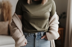 Olive tee and cream cardigan mockup Product Image 1