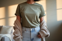 Olive green t shirt light wash jeans image Product Image 1