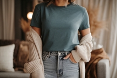 Teal t shirt beige cardigan light wash denim image Product Image 1