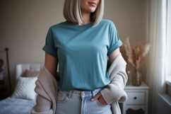 Teal t shirt mockup with blonde woman image Product Image 1