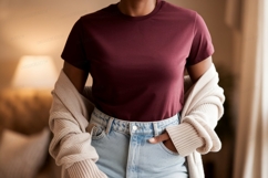 Maroon t shirt light wash jeans cream cardigan image Product Image 1