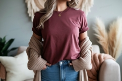 Maroon t shirt mockup with neutral cardigan image Product Image 1