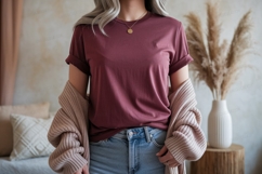 Maroon t shirt mockup with cardigan image Product Image 1