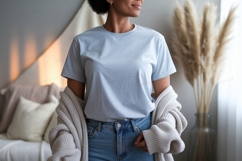 Light blue t shirt and beige cardigan mockup image Product Image 1