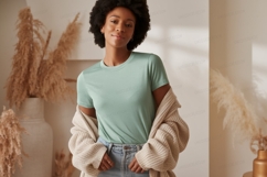 Woman wearing green t shirt and cardigan image Product Image 1