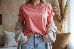 Coral t shirt light denim jeans cardigan mockup image Product Image 1