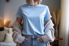 Woman wearing blue t shirt and cardigan image Product Image 1