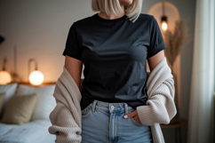 Black t shirt mockup with cardigan female Product Image 1