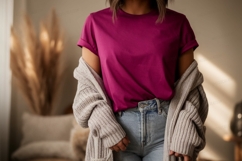 Magenta T Shirt Gray Cardigan Denim Jeans Product Image 1
