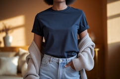 Dark blue t shirt light blue jeans beige cardigan image Product Image 1