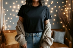 Black shirt denim jeans cozy cardigan mockup apparel Product Image 1