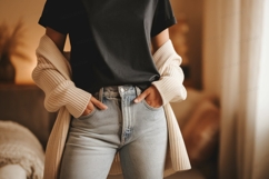 Format: Title: Casual Black TShirt Light Denim Jeans Cream C Product Image 1